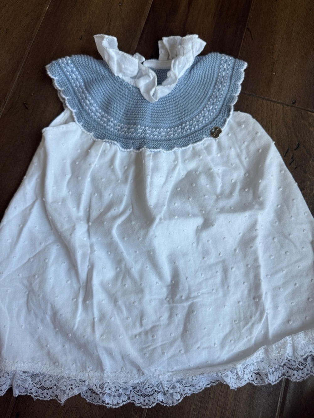 White Cotton Girls' Dress with Pale Blue Crochet Collar